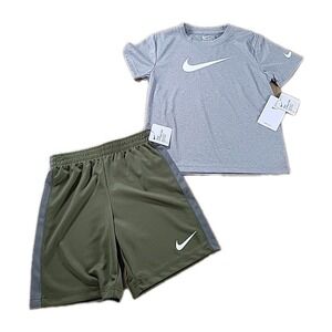 Nike Boy 2 Piece T-Shirt & Shorts Set ~‎ Gray, OLIVE GREEN & White ~ DRI-FIT NWT